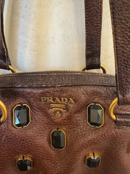 Prada Handbags - Prada Vitello Daino Jeweled Leather Tote - Brown